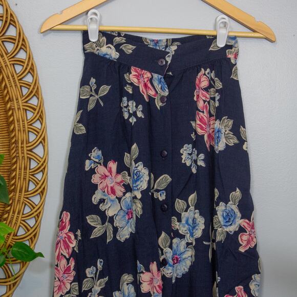 Floral Button Midi Skirt Navy Pink Blue Cottagecore 90s Laura Scott True Summer - Picture 3 of 5